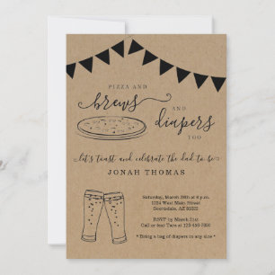 Invitación Pizza y brews y pañales para Baby Shower masculino