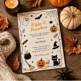 Invitación Pizza y calabazas pintadas a mano en Halloween