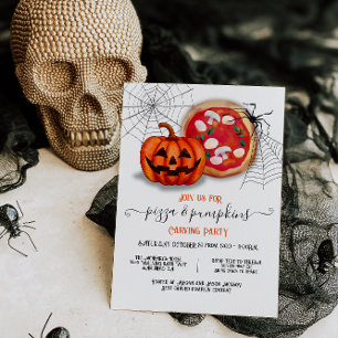 Invitación Pizza y calabazas tallando fiesta de Halloween