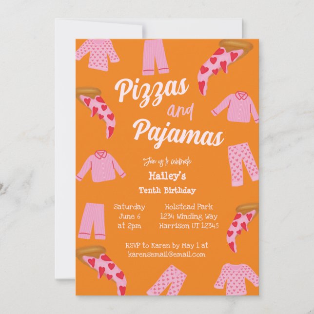 Invitación Pizza y Fiesta Pajama Sleepover Cumpleaños (Anverso)