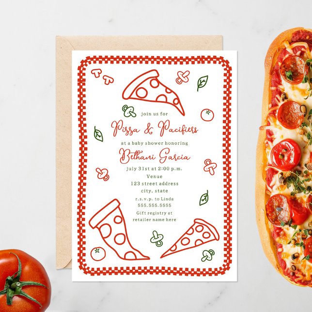 Invitación Pizza y Pacificador Esbozo Doodle Neutral Baby Sho (Subido por el creador)