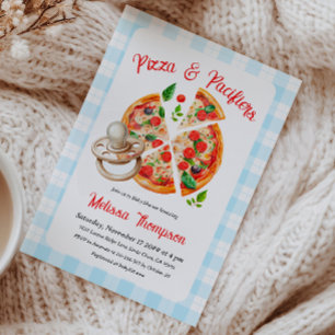 Invitación Pizza y Pacificadores Fiesta Blue Plaid Baby Showe