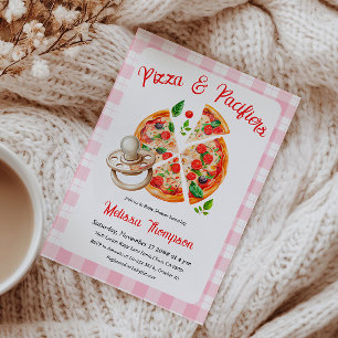 Invitación Pizza y Pacificadores Fiesta Pink Plaid Baby Showe