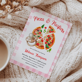 Invitación Pizza y Pacificadores Fiesta Pink Plaid Baby Showe