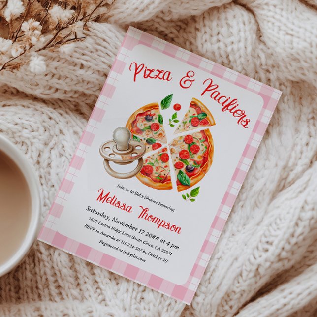 Invitación Pizza y Pacificadores Fiesta Pink Plaid Baby Showe (Subido por el creador)