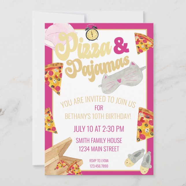 Invitación Pizza y Pajamas Fiesta Sleepover (Anverso)