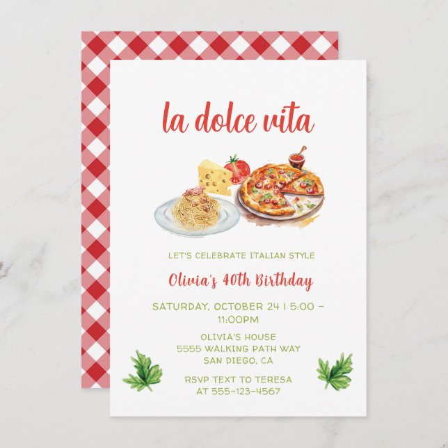 Invitación Pizza y Pasta Fiesta Cumpleaños Cena italiana (Anverso / Reverso)