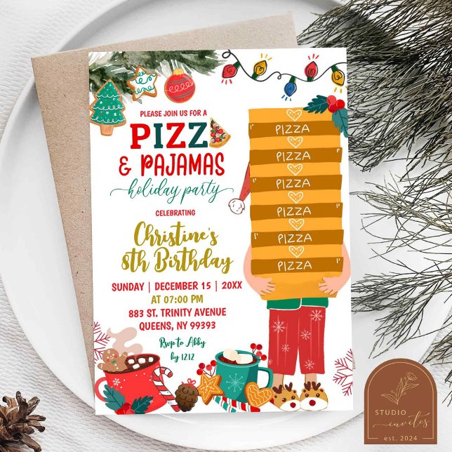 Invitación Pizza y Pijamas Cumpleaños Navideño (Subido por el creador)
