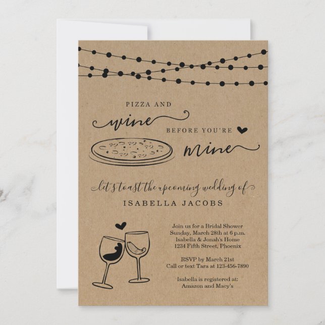 Invitación Pizza y vino antes de ser mi ducha nupcial (Anverso)