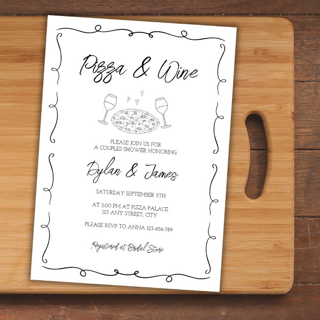 Invitación Pizza y Wine Scribble Parejas Derramadas Ducha (Pizza & Wine Scribble Hand Drawn Couples Shower Invitation)