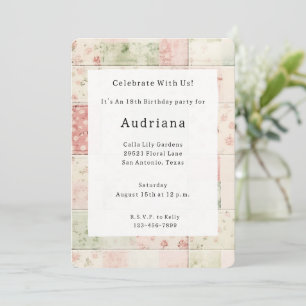 Invitación Placa Mint Pink Floral Quilt Patterns Cumpleaños