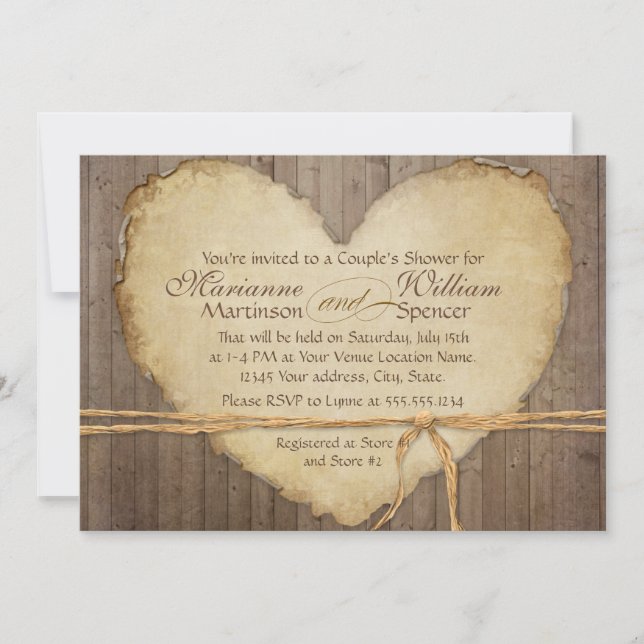 Invitación Placas rusticas de madera de cerco Ducha de Pareja (Anverso)