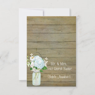 Invitación Place Card Rustic Country Mason Jar Blue Hydrangea