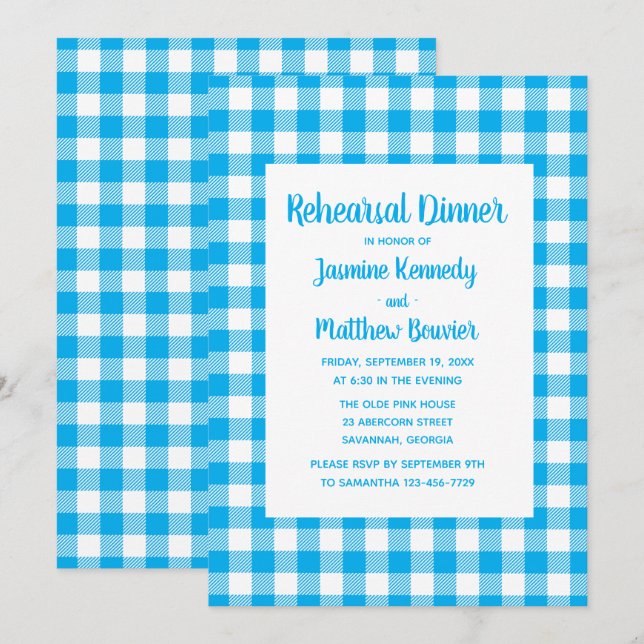 Invitación Plaid Blue White Gingham Country Ensayo Cena (Anverso / Reverso)