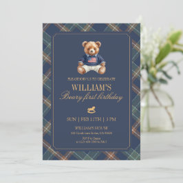 Invitación Plaid Boy Teddy Navy Tartan Bear 1st Birthday