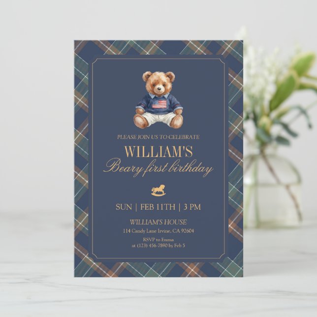 Invitación Plaid Boy Teddy Navy Tartan Bear 1st Birthday (Anverso de pie)