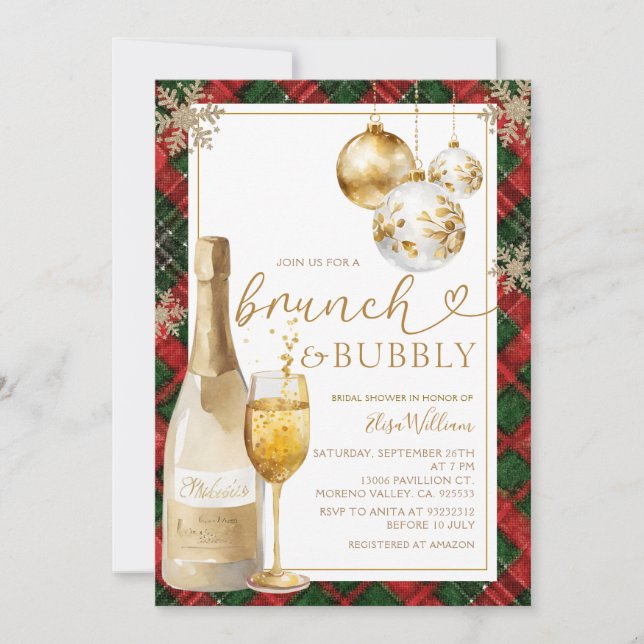 Invitación  Plaid Brunch and Bubbly Gold Bridal Shower  (Anverso)