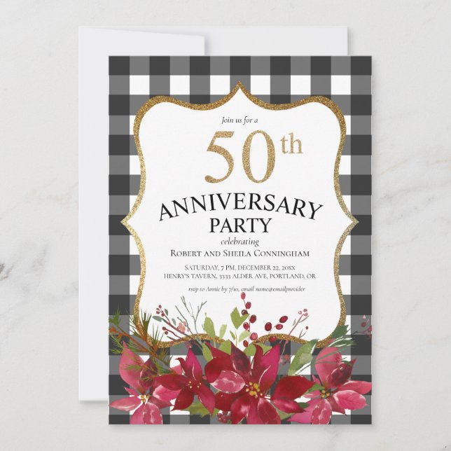 Invitación Plaid Buffalo Floral Rojo Moderno Aniversario 50 (Anverso)