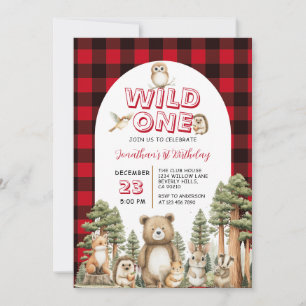 Invitación Plaid Cumpleaños 1er Animal del Bosque Salvaje