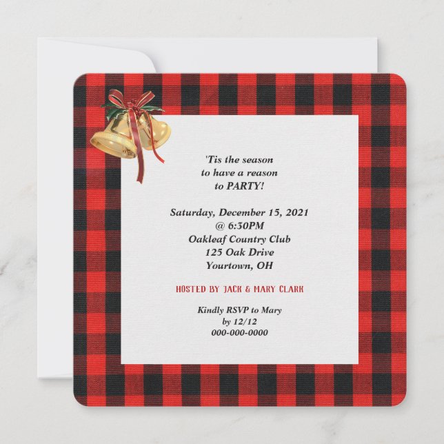 Invitación plaid de leñador rojo y negro con campanas de fies (Anverso)