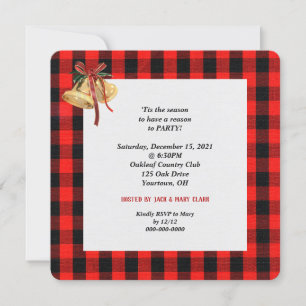 Invitación plaid de leñador rojo y negro con campanas de fies