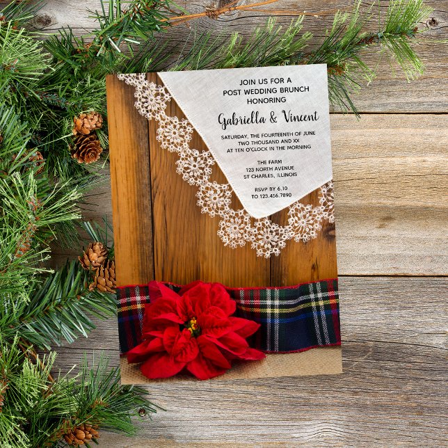 Invitación Plaid de Poinsettia Rústica Brunch de Invierno Pos (Set a festive tone for your December wedding with this wintery Save the Date Announcement Card.)