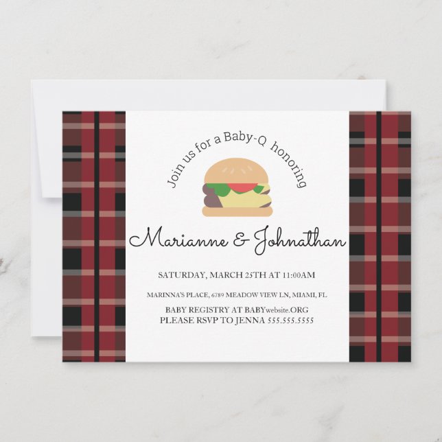 Invitación Plaid Fiesta de Bebé BBQ Patio Hamburguesa  (Anverso)