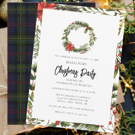 Invitación Plaid Floral Poinsettia Navidades Fiesta Tartán