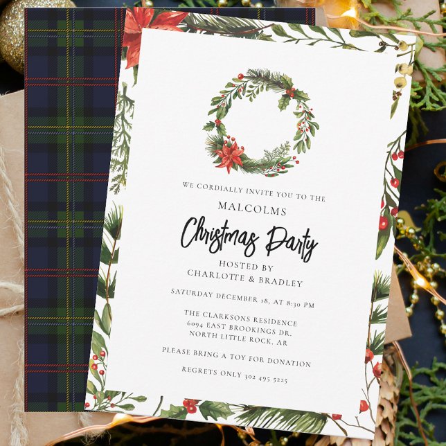 Invitación Plaid Floral Poinsettia Navidades Fiesta Tartán (Rustic Plaid Christmas Party Malcolm Tartan Invitation)
