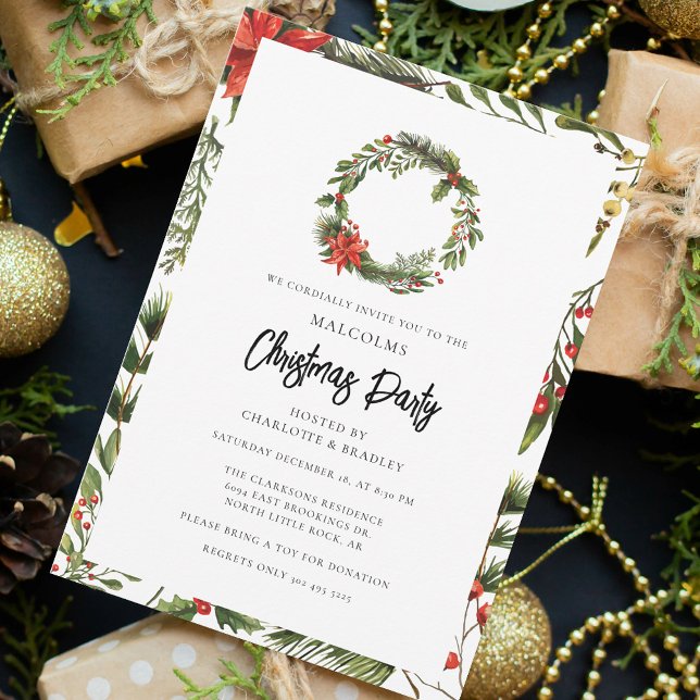 Invitación Plaid Floral Red Berries Navidades Fiesta Tartán (Rustic Christmas Holidays Botanical Red Berries Malcolm Tartan Party Invitation)