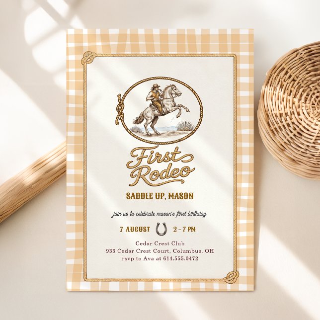 Invitación Plaid Gingham Cowboy First Rodeo 1st Birthday (Subido por el creador)