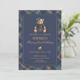 Invitación Plaid Girl Teddy Navy Tartan Bear 1st Birthday