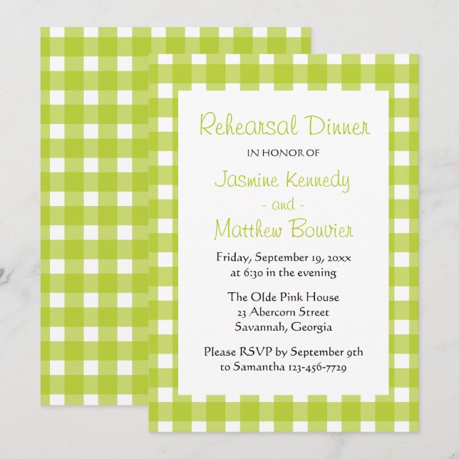Invitación Plaid Green White Gingham Country Ensayo Cena (Anverso / Reverso)