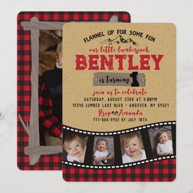 Invitación Plaid Lumberjack Filmstrip Multi Photo Birday (Anverso / Reverso)