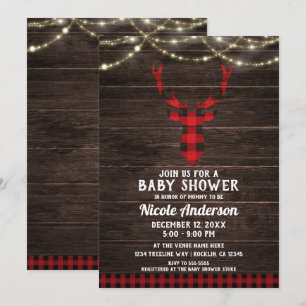 Invitación Plaid Rústico Ciervo Astas Luces de Madera Baby Sh