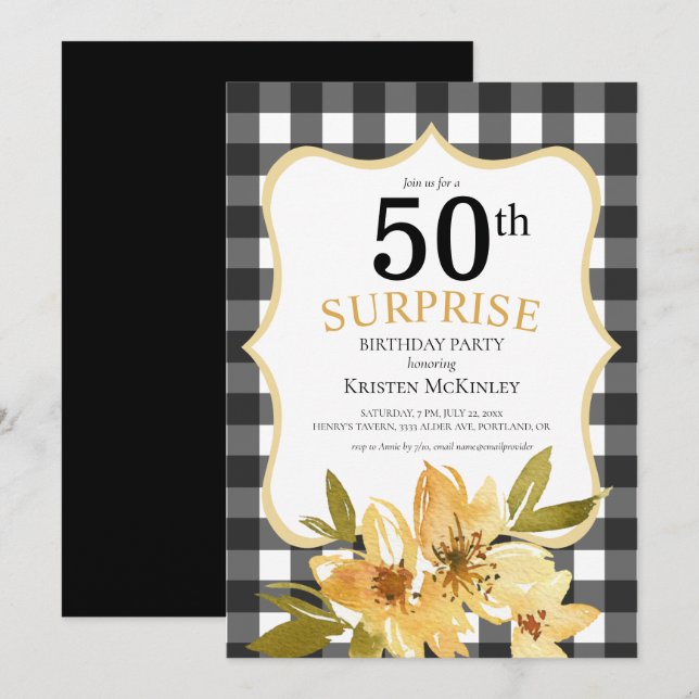 Invitación Plaid Surprise 50° cumpleaños floral amarillo negr (Anverso / Reverso)