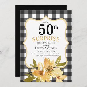 Invitación Plaid Surprise 50th Nacimiento Floral Amarillo Neg