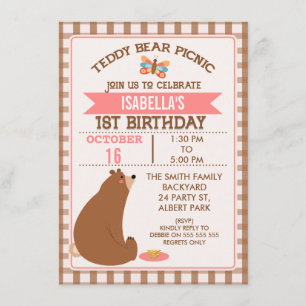 Invitación Plaid Teddy Bear Picnic Primer Cumpleaños Invitaci
