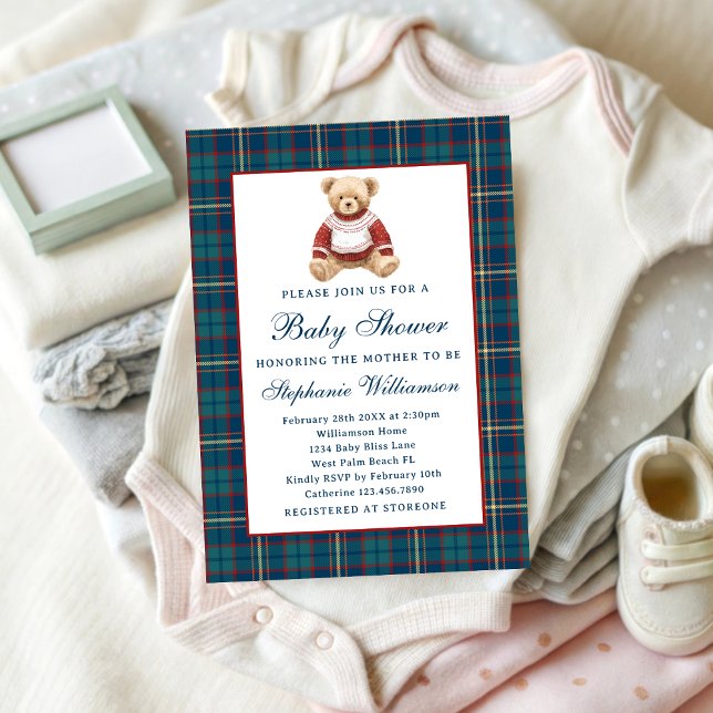 Invitación Plaid Vintage Teddy Bear Christmas Baby Shower (Subido por el creador)