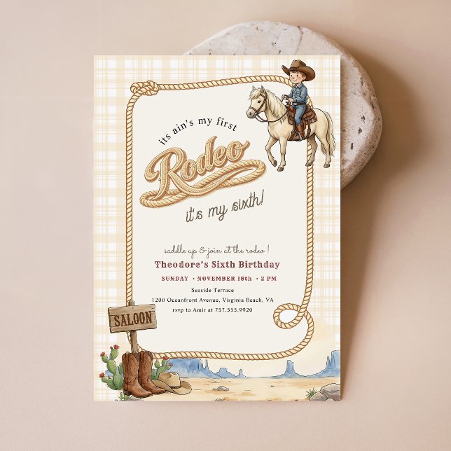 Invitación Plaid Western Desert Cowboy Rodeo 6th Birthday (Subido por el creador)