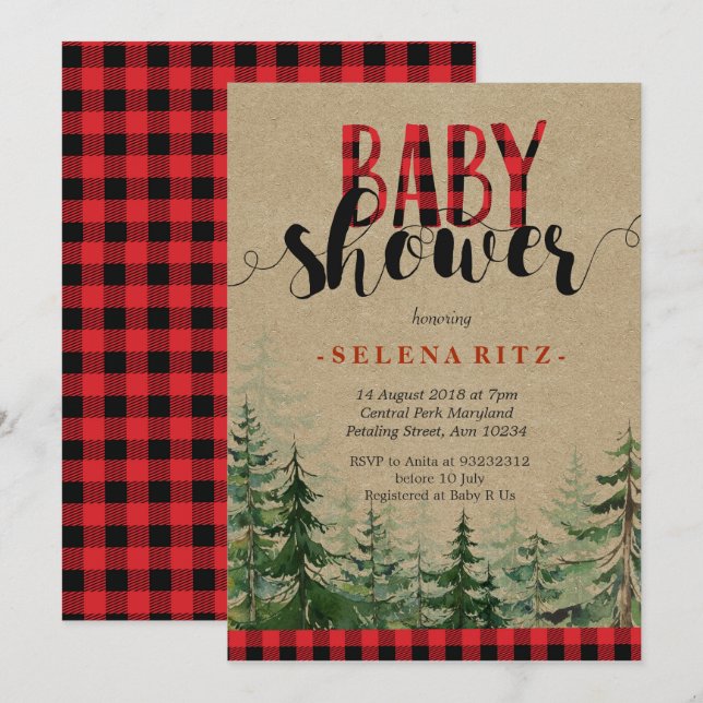 Invitación Plaid Wood Woodland Forest Lumberjack Baby Shower (Anverso / Reverso)