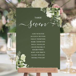 Invitación Plan de asiento verde de oliva floral Número de ta