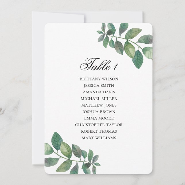 Invitación Plan de asientos de hojas verdes. Plan de boda de  (Anverso)