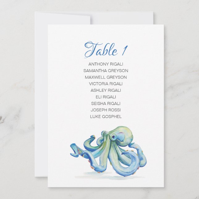 Invitación Plan de mesa de Boda de Octopus de color de agua (Anverso)