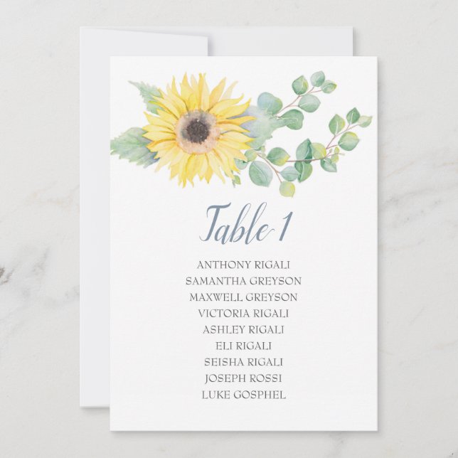 Invitación Plan de mesa para Bodas de girasol Eucalyptus (Anverso)