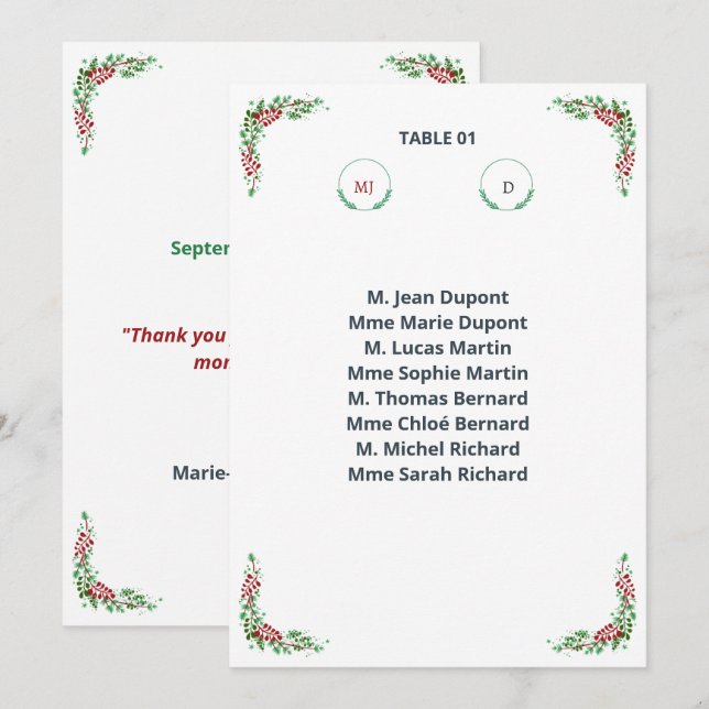 Invitación Plan de table individuel Chic (Anverso / Reverso)