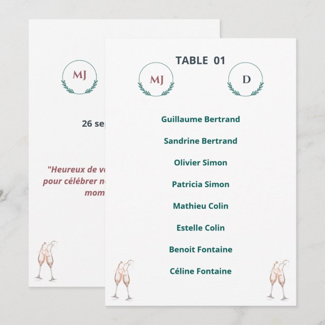 Invitación Plan de Table Individuel Chic – Harmony Journey (Anverso / Reverso)