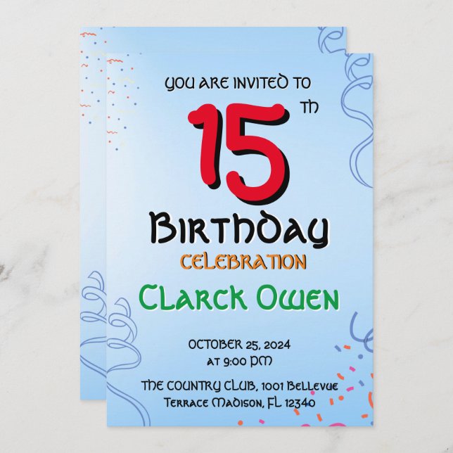 Invitación plana, 15º cumpleaños (Anverso / Reverso)