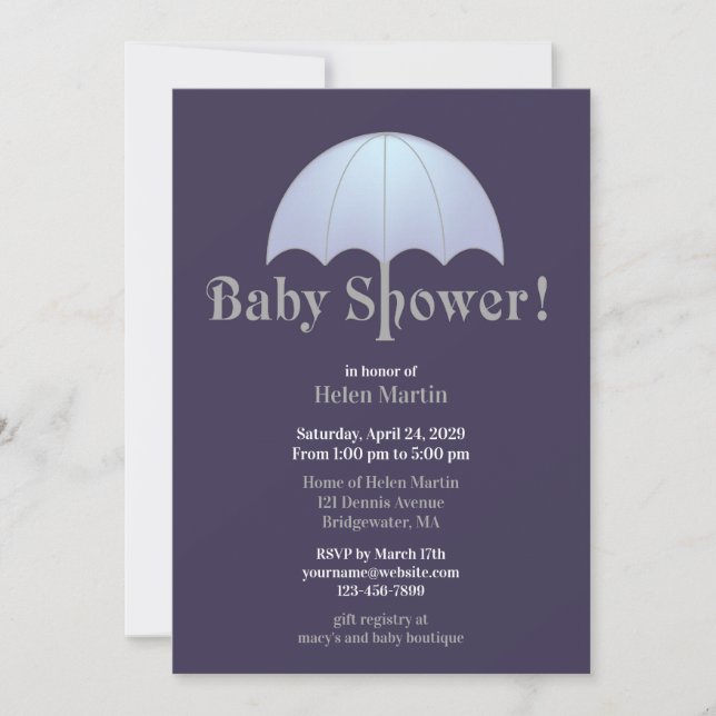 Invitación plana azul de Baby Shower (Anverso)