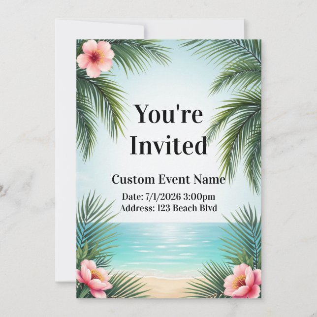 Invitación plana con tema de playa (Anverso)